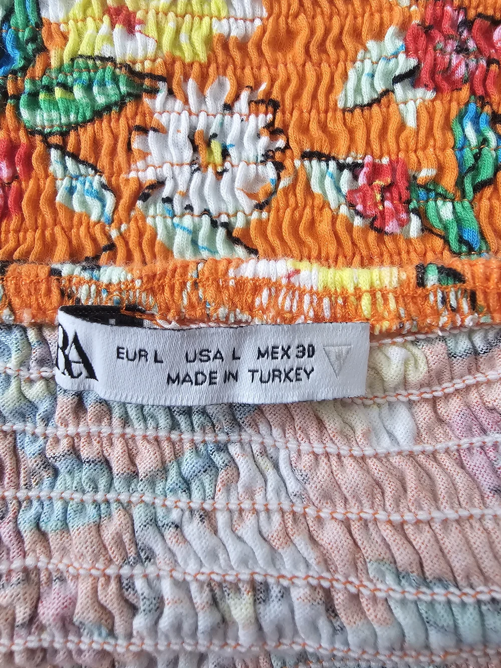 Zara Floral Crop Top  Smocked On or Off Shoulder Orange Multi Boho Western Sz L - Picture 9 of 12